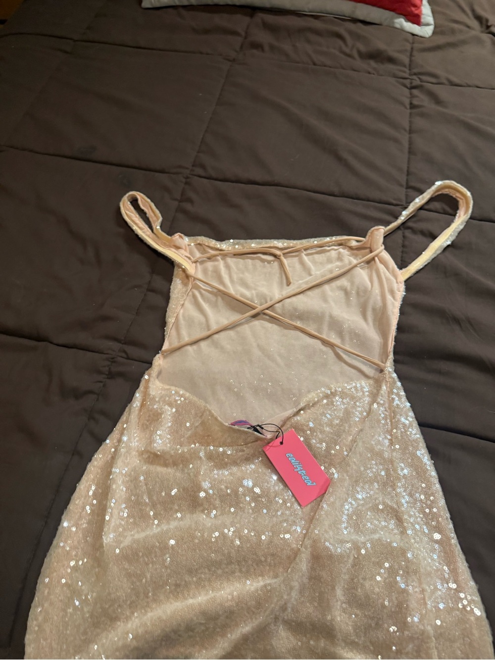Edikted Blush Sequin Slip Dress with Mesh Back
